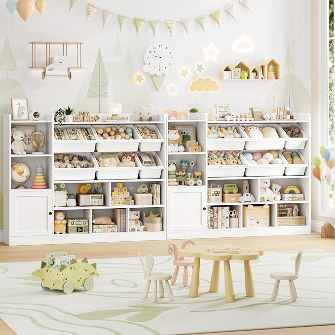 Toy Storage Organizer, 55” Wide Toy Organizers and Storage with 8 Storage Cubbies & 6 Toy Bins, Large Toy Box with Bookshelf, Playroom Storage for Playroom, White