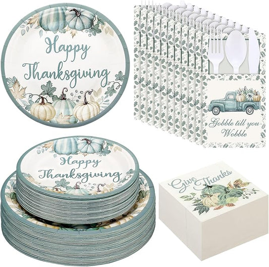 264 Pcs Thanksgiving Plates Napkins Disposable Cutlery Holder Set Thanksgiving Centerpieces for Table Decoration Dinner Autumn Leaves Fall Harvest Wedding Decoration