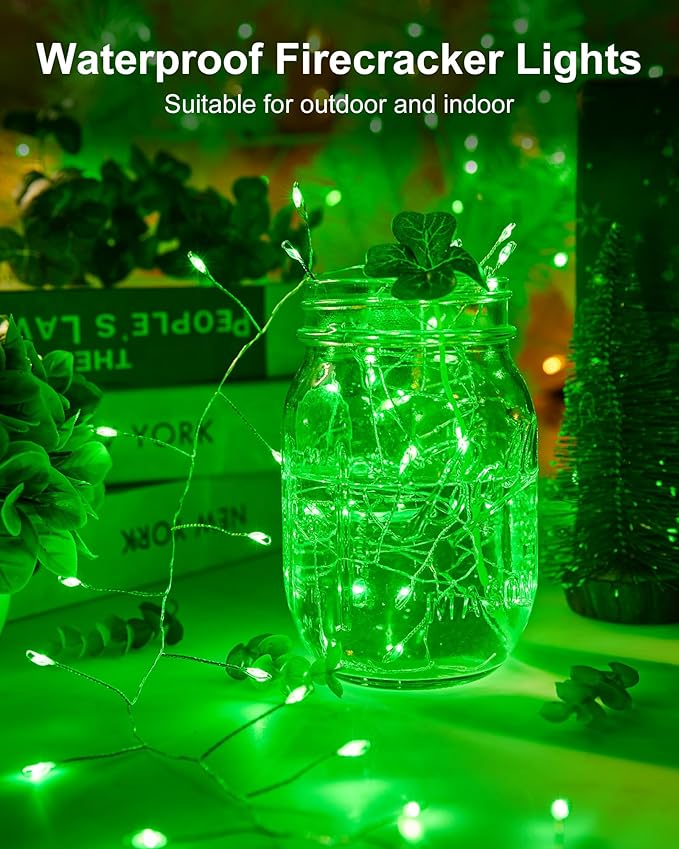 Fairy Lights Battery Operated, Twinkle String Lights Silver Wire 5 Feet 60 Led Firecracker Starry Lights for DIY Wreath Home Wedding Party Bedroom Mason Jar Holiday St. Patrick Decoration, Green