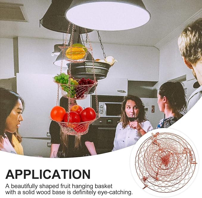 Yardwe 3 Tier Hanging Fruit Baskets Copper Wire Basket Fruit Vegetable Kitchen Storage Organizer Rustic Country Decor Round Metal Copper