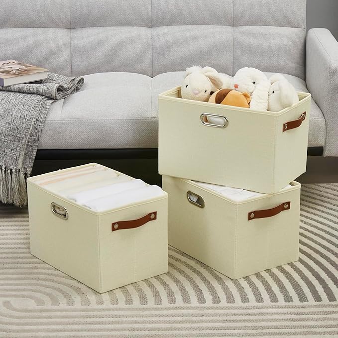 Large 3-Pack Foldable Fabric Storage Bins with Durable PU & Metal Handles , Collapsible Storage Baskets for Shelves, Home Storage, Closet Organizers, Living Room(14.9"x9.8"x9.8", Beige)