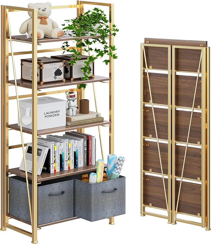 4NM No Assembly Foldable Bookshelf, 5-Shelf Collapsible Bookcase Storage for Small Spaces, 62.2" H, Brown and Golden