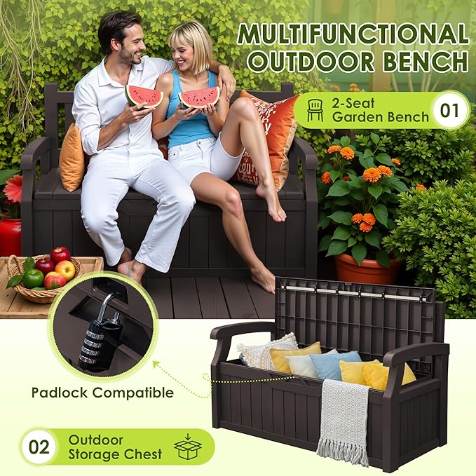 Greesum 80 Gallon Outdoor Storage Bench, Resin Patio Furniture with Armrest,Waterproof and UV-Resistant, Perfect to Garden, Poolside and Lawn, Dark Brown