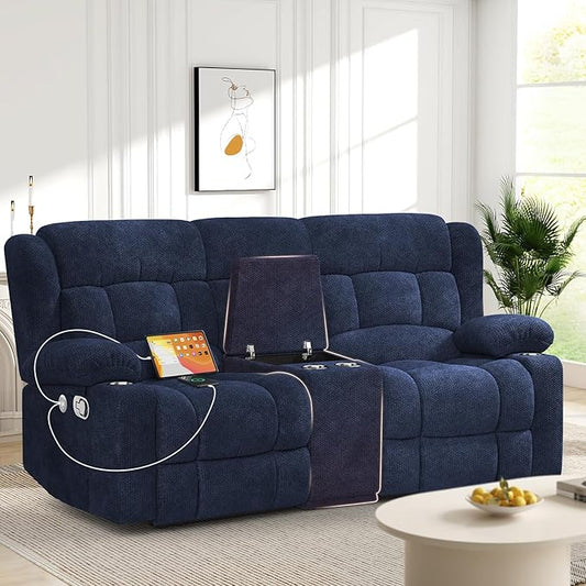 Loveseat Recliner Sofa, 2 Seater Curved Sofa for Living Room, Fabric Manual Pull Tab Reclining Loveseat with Storage Console, Recliner Loveseat Couches with USB Charge Ports, Cup Holders, Blue