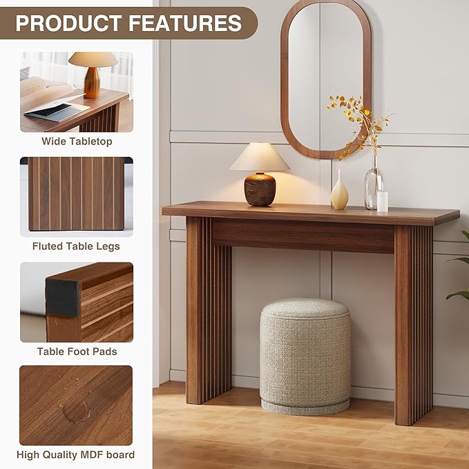 AVZEAR Mid Century Narrow Entryway Console Table, 43.3" Fluted Wood Couch Table Behind Sofa Long and Skinny for Living Room Hallway Entrance Foyer, Walnut