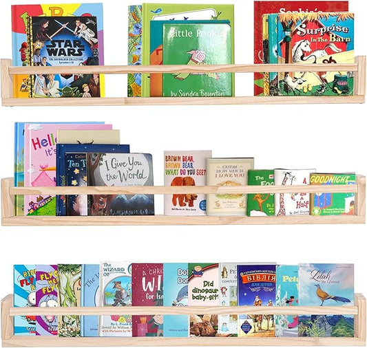 AZSKY Natural Wood Nursery Shelves Floating Wall Book Shelves Nursery Kids Baby Toddler Room Décor 36 in Bookshelf for Toy Picture Display a Set of 3 Same Sizes
