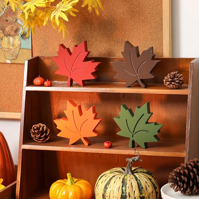 4pcs Fall Leaves Decorations Farmhouse Thanksgiving Table Decor Centerpiece Wooden Maple Leaf Signs Block for Autumn Harvest Tiered Tray Party Shelf Display