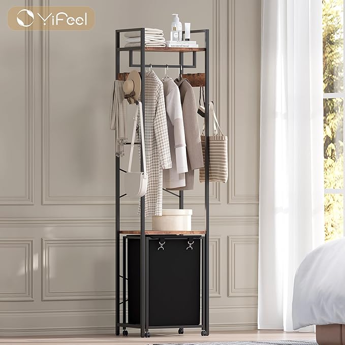 Coat Rack with Laundry Basket, Laundry Hamper Freestanding Hall Tree, Clothes Rack with Storage Shelves, 14.5 Gal Removable Bags on Wheels, Black and Brown JLH005SR