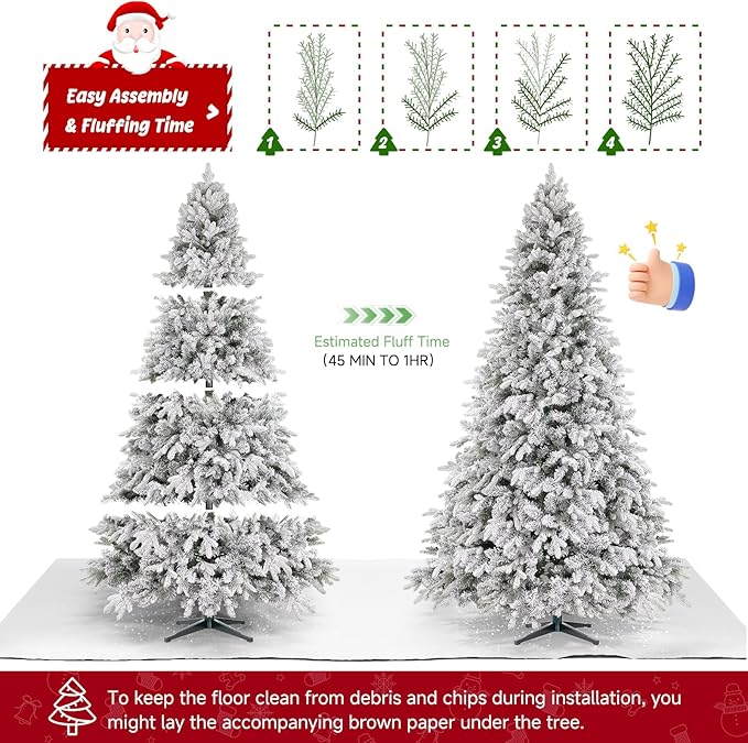 9ft 360° Rotating Pre-Lit Snow Flocked Christmas Tree, Built-in Music, Remote Control, 8 Light-Modes, White Christmas Tree for Home Decor