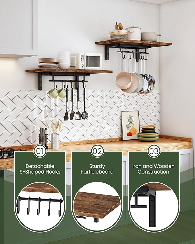 Wall-Mounted Pot Racks, Set of 2 Hanging Pot Rack, Floating Shelves, Wall Shelves, Vintage Pot Hangers for Kitchen, Wall Rack for Kitchen Storage, Rustic Brown and Black TPR26P2BF