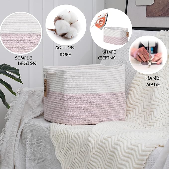 COMFY-HOMI 3PACK Cotton Rope Square baske with Handles for Shelves|Dog Toy baske Bin and Storage|Baby baske for Gift|Shoe baske for Organizing|13.5" x 11" x 9.5" for Living Room（White/Pink）