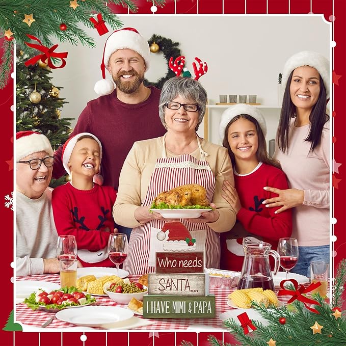 4 Pcs Christmas Table Decorations Wooden Red Santa Hat Christmas Tiered Tray Decor Rustic Wood Santa Hat Block Sign Xmas Centerpiece Mimi and Papa's Gift Decor for Home Shelf Kitchen