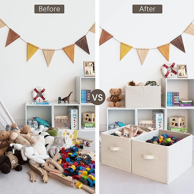 StorageWorks Storage Baskets for Shelves, Foldable Fabric Closet Storage Bins with Handles, Fabric Storage Bins Clothes Organizer, Beige Stripes, 3-Pack, Extra Large