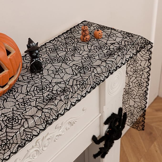 Halloween Spiderweb Lace Table Runners Black Cobweb Designs Table Cover Flag Halloween Tabletop Centerpieces & Fireplace Mantel Decorations for Autumn Home Indoor Party Decor