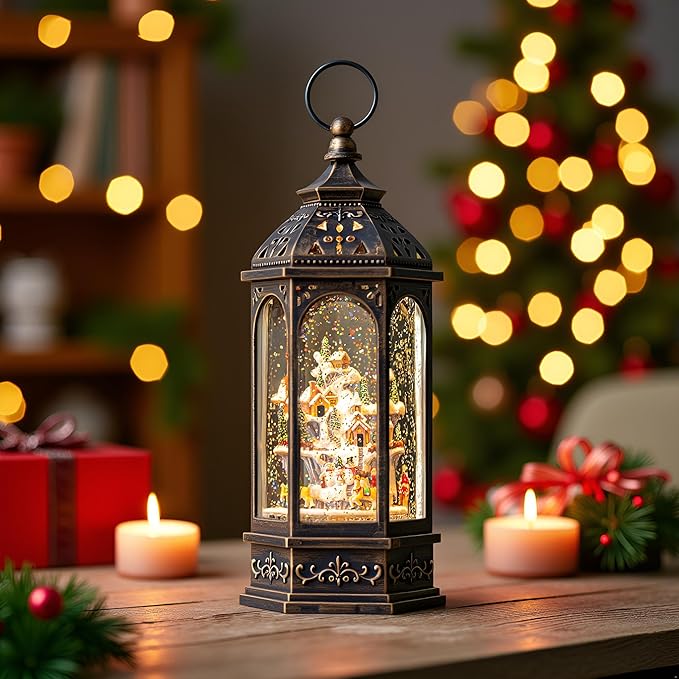 Animated Christmas Village Buildings with Moving Figurines Lighted Water Lantern, USB Lined/Battery Operated Snow Globe for Christmas Festival Decoration Gifts
