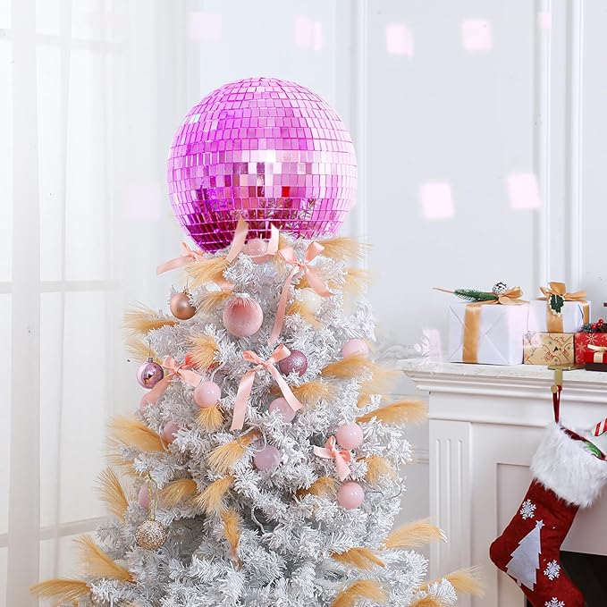 Retisee 8'' Pink Disco Ball Christmas Tree Topper Disco Mirror Ball Xmas Tree Topper 3D Hollow Pink Disco Ball Decor Disco Ball Ornament for 70s Disco Holiday Wedding Birthday Party Decorations