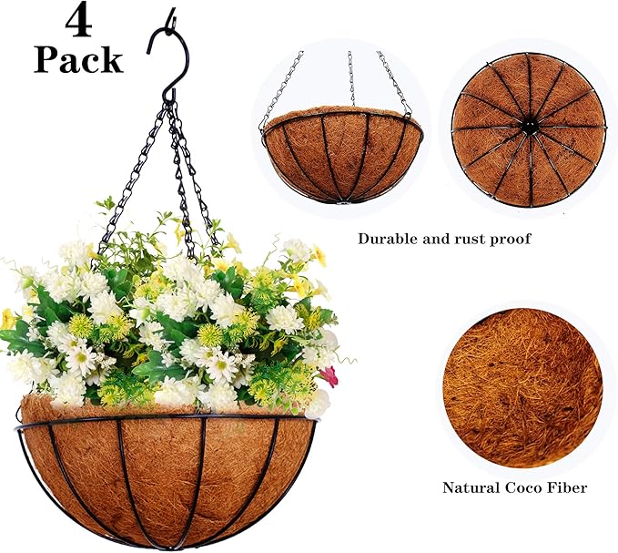 Hanging Planters Basket Outdoor Indoor(14 inch 4 Pack)-Coconut Coir Hanging Baskets for Plants Outdoor,Metal Wire Baskets with Coco Liner Window Box Planters, hanging Flower Pots For Railings…