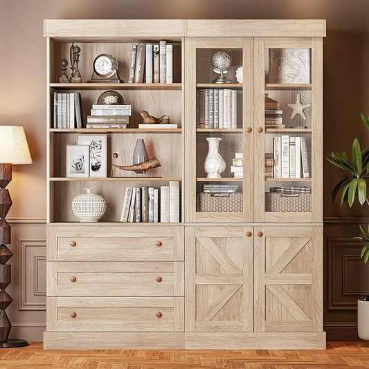 Vyre 71" Tall Farmhouse Bookshelves with Glass Doors and Drawers, Set of 2 – Large Modular Bookcase with Adjustable Shelves, Storage Cabinet for Living Room, Kitchen, Brown