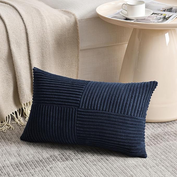 Fancy Homi 2 Packs Navy Blue Lumbar Decorative Throw Pillow Covers 14x24 Inch for Couch, Rustic Farmhouse Boho Home Decor, Soft Striped Corduroy Rectangle Accent Cushion Case 35x60 cm