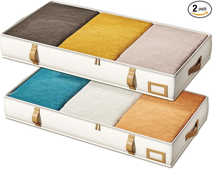 Vailando Under Bed Storage Containers, Foldable Storage Bins for Blankets, Comforter, and Seasonal Clothing, 6 Inches Tall, Beige with Brown Leather Handles, 2-Pack