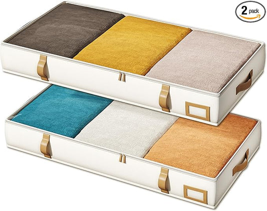 Vailando Under Bed Storage Containers, Foldable Storage Bins for Blankets, Comforter, and Seasonal Clothing, 6 Inches Tall, Beige with Brown Leather Handles, 2-Pack