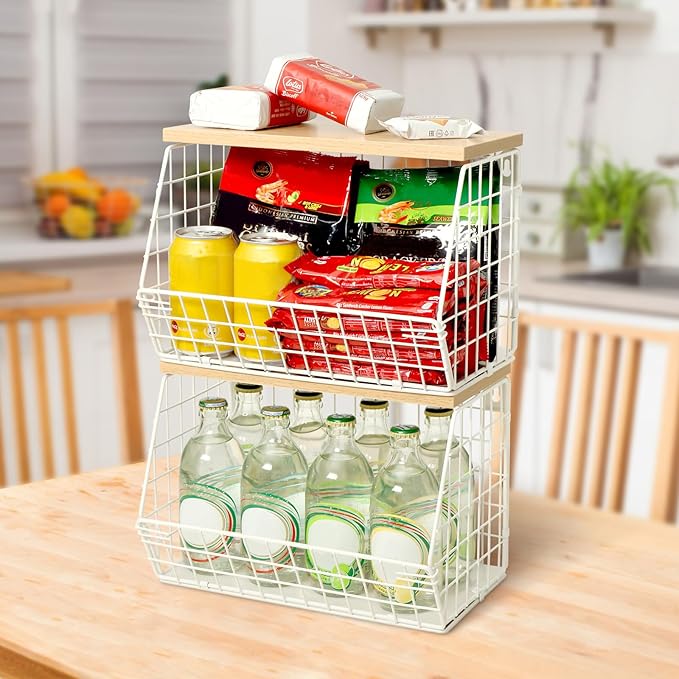 Fruit Basket, 2-Tier Fruit Bowl for Kitchen Counter, Stackable Wall Mounted Fruit Storage, Snack Organizer, Potato and Onion Storage Basket, Hanging Pantry Storage with Wood Lid, 2 Set, White