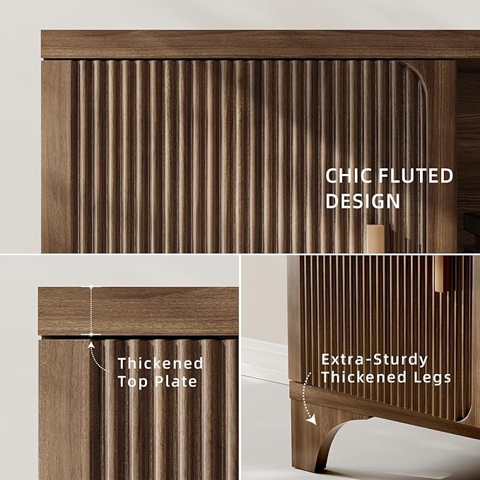 Mid Century Modern TV Stand for 70/75 Inches Television, TV Console with Fluted Doors and Storage, Entertainment Center for Living Room and Bedroom, Dark Brown