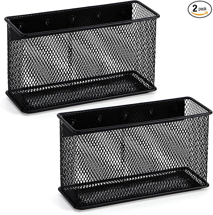Wire Mesh Storage Baskets Organizer Set of 2 Black Magnetic Basket with 5 Strong Magnets Magnetic Organizer Holder for Refrigerator Locker Whiteboard Office, 6.29'' × 2.28'' × 3.54''