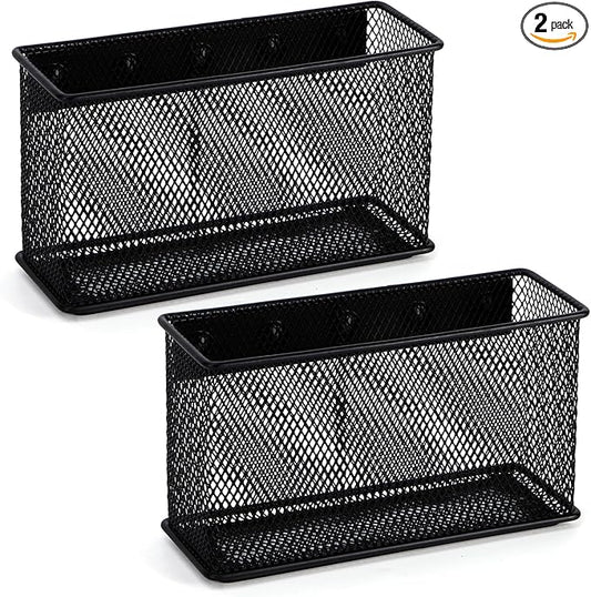 Wire Mesh Storage Baskets Organizer Set of 2 Black Magnetic Basket with 5 Strong Magnets Magnetic Organizer Holder for Refrigerator Locker Whiteboard Office, 6.29'' × 2.28'' × 3.54''