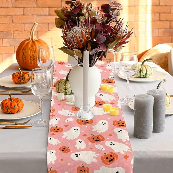 AnyDesign Pink Halloween Table Runner Cute Ghost Table Cover Spooky Halloween Kitchen Dining Table Decoration for Indoor Outdoor Home Party Supplies, 13 x 72 Inch