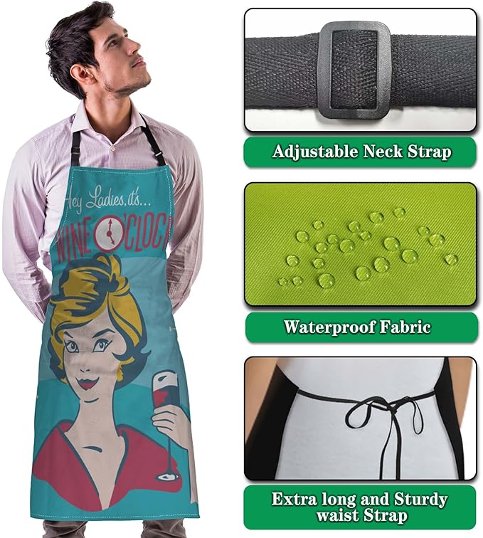 Kiss the Cook Apron Men Wine O’clock Funny Aprons for Women for Cooking Restaurant BBQ Painting Crafting Gardening 27” (W) x 31” (H), Waterproof Aprons