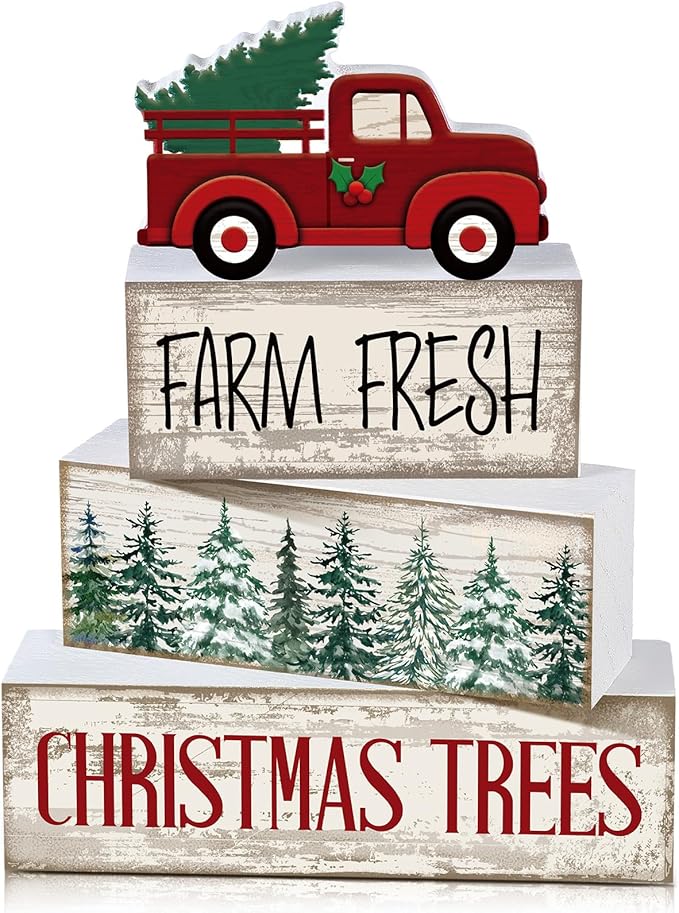 4 Pcs Christmas Decor Wooden Red Truck Winter Tiered Tray Decor Rustic Merry Christmas Table Centerpiece Wood Red Truck Block Sign Gift Farmhouse for Home Kitchen Tabletop Office Shelf