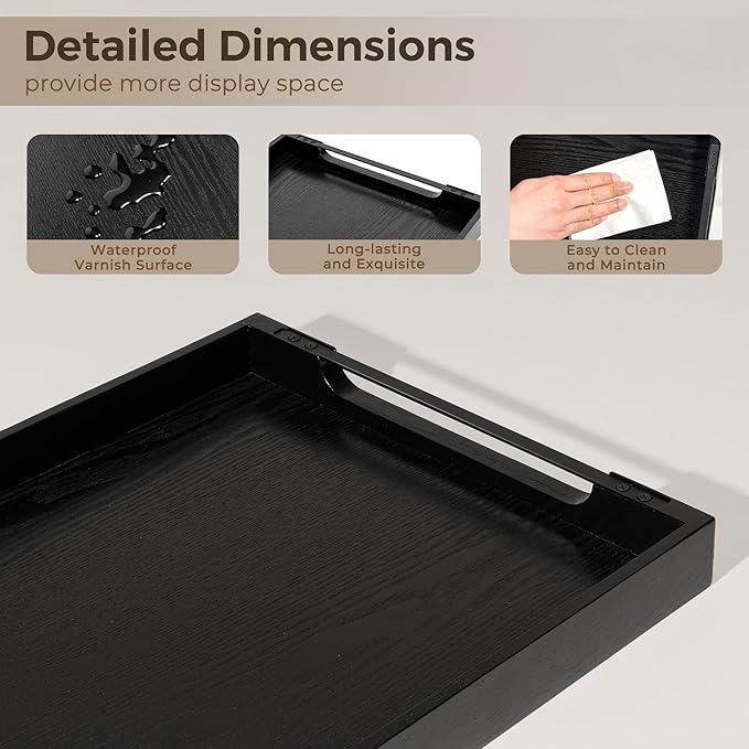 Axeman Wooden Serving Tray with Metal Handles|Ottoman Tray for Breakfast, Bed, Couch|17x13in Ash Wood Coffee Table Trays|Food Drinks Decorative Storage Boards for Ottoman Kitchen, Black