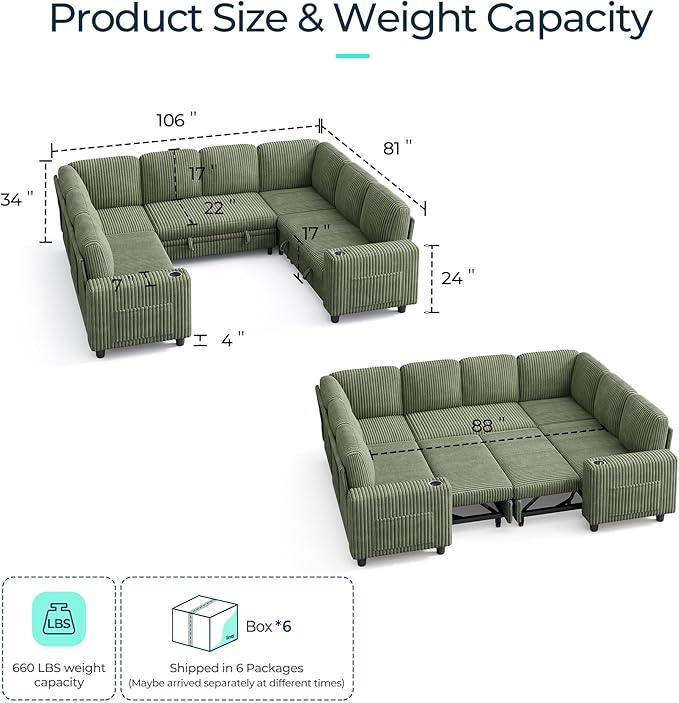 LINSY HOME Sectional Sleeper Sofa with Pull Out Couch Bed - Convertible Plush Corduroy Cloud Couch with Storage Chaise & USB Charging, Comfy Modular Couches for Living Room, Green