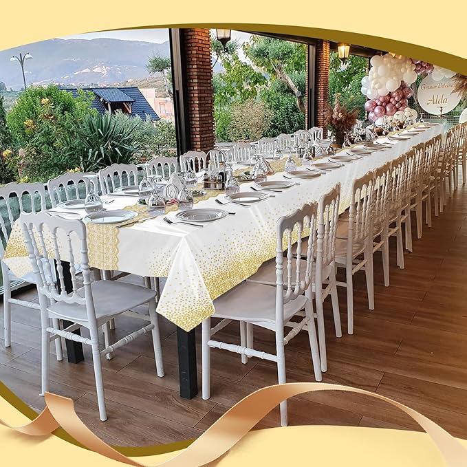 Goodluck 54 Inch X 300 Feet Plastic Table Cloths with Cutter Box, Gold Disposable Table Cover Roll, Plastic Tablecloth for Party, Wedding, Birthday, Anniversary, Thanksgiving, Christmas White Gold Dot