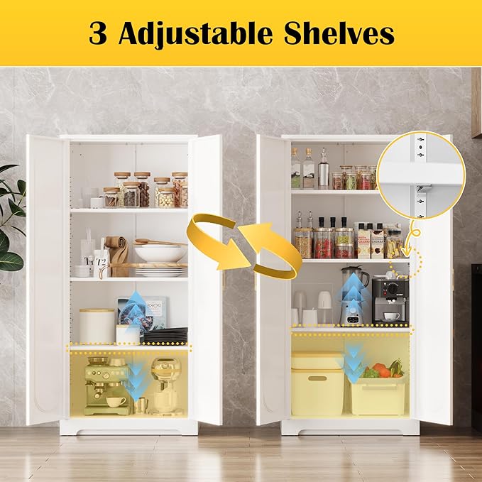 Kitchen Pantry Cabinet,60”Metal White Storage Cabinets with Doors and Shelves,Tall Cabinet with 2 Gold Hands for Dinning Room,Living Room