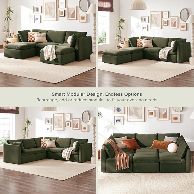 mopio Oversized Modular Sectional Sofa with Fully Removable Covers and Storage, Convertible U, L-Shaped and Sleeper Sectional, Modern Couches with Ottoman Chaise (Olive Green Velvet, 5 Seats, U)