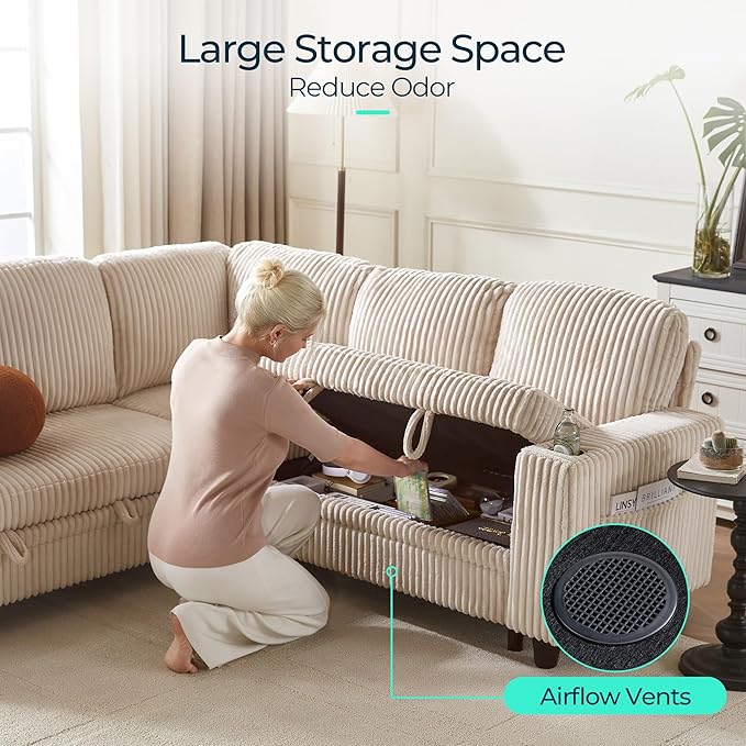 LINSY HOME Sectional Sleeper Sofa with Pull Out Couch Bed - Convertible Plush Corduroy Cloud Couch with Storage Chaise & USB Charging, Comfy Modular Couches for Living Room, Beige