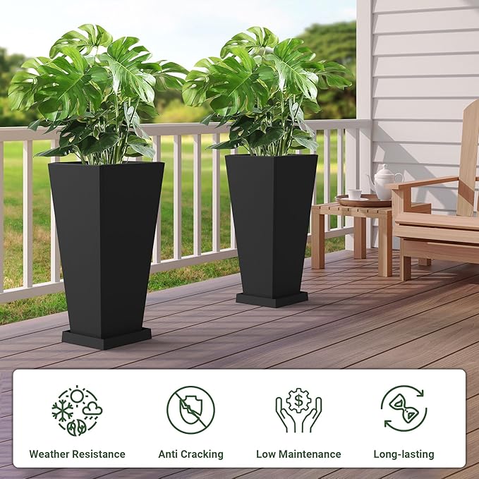 Metal Planter 30" H - 2 Pack, Tall Planters with Removable Insert Shelve & Saucer Trays, Metal Outdoor Planters for Porch, Garden, Patio, Yard (Black)