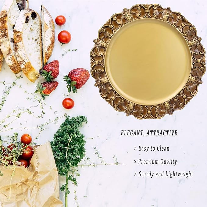 Gold Charger Plates Set of 6, Decorative Table Plastic Chargers for Dinner Plates, Party, Wedding, Thanksgiving, Christmas, 11G