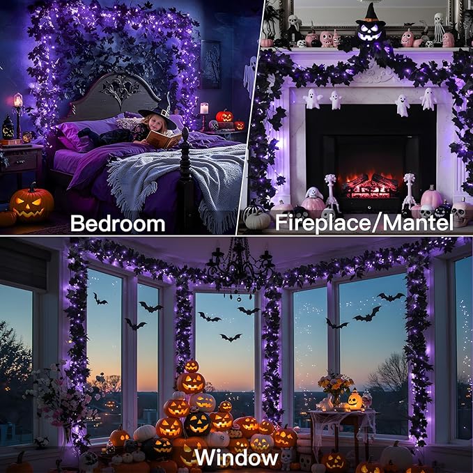suddus 20 LED Halloween String Lights Battery Operated with Black Maple Leaves 6.5 ft Halloween Garland Decor for Yard, Porch, Table, Wall, Party, Indoor and Outdoor Decorations