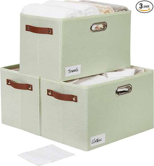 Large 3-Pack Foldable Fabric Storage Bins with Durable PU & Metal Handles, Collapsible Storage Baskets for Shelves, Home Storage, Closet Organizers, Living Room(14.9"x9.8"x9.8", Sage Green)