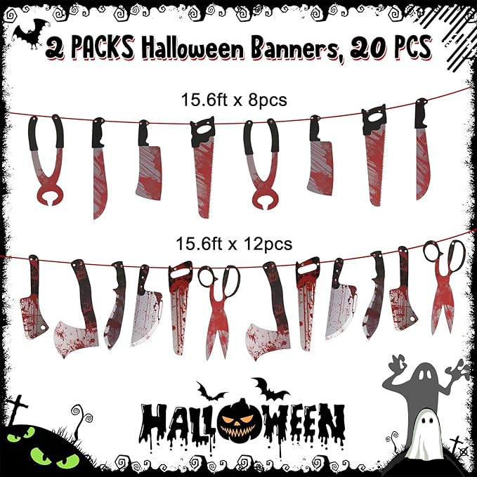 Halloween Decorations, 5 Sheets Wall Decals-Bloody Handprint Stickers, 2 Pack Halloween Banners and 2 PCS Caution Tape Rolls 3inx30ft for Outdoor, Indoor, Party Decor, Haunted Mansion