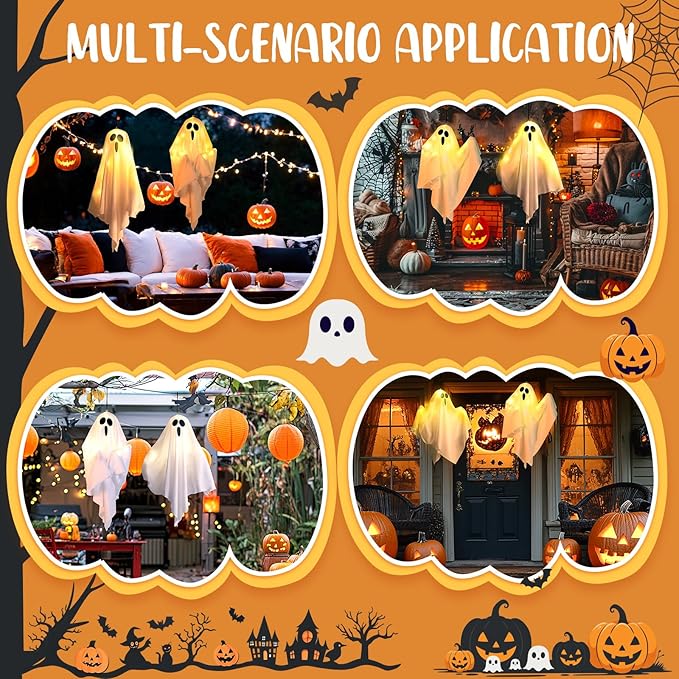 2Packs Hanging Ghosts Halloween Decor, LED Light Up Halloween Ghost Decorations, Spooky Cute Ghost Ornaments for Home Tree Garden Front Porch Yard Fall Party Holiday Decoration Outdoor 19.6", White