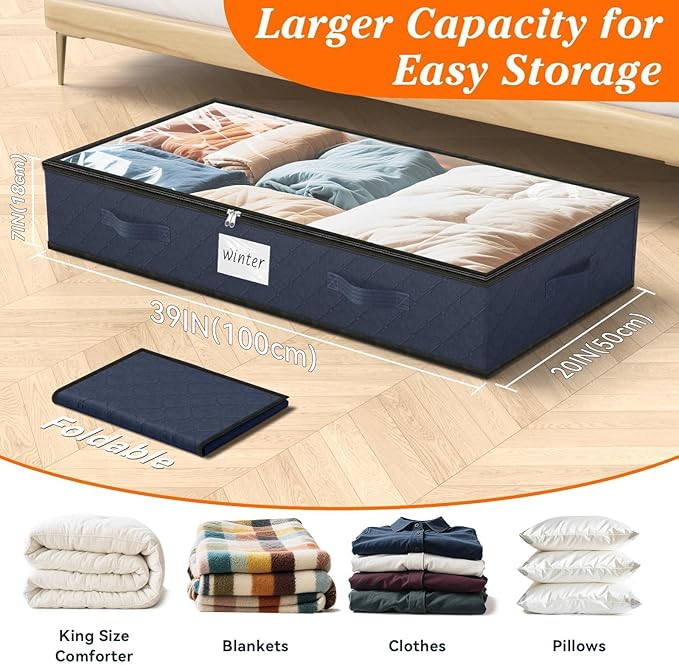 SpaceWhisper 90L Under Bed Storage Containers, 8-Pack Storage Bins with Clear Top, Foldable Closet Organizers and Storage with Label Holder for Clothing, Blankets, Comforter & Pillows(Blue)