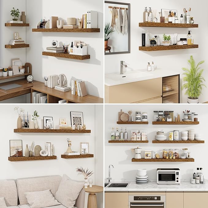 fuqing Floating Shelves for Wall, Bathroom Shelf Wall Mounted for Storage, Shelves with Invisible Bracket for Bedroom, Kitchen, Living Room, Farmhouse Small Book Shelf, 55 Inch Set of 2, Rustic Brown