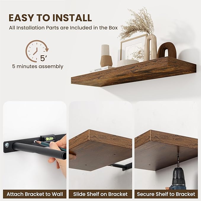 Fun Memories 24 Inch Floating Shelves Wall-Mounted, 10 Inch Deep Wall Shelves, 24 x 10 Floating Shelf for Living Room Bathroom Bedroom, Rustic Brown, Set of 2