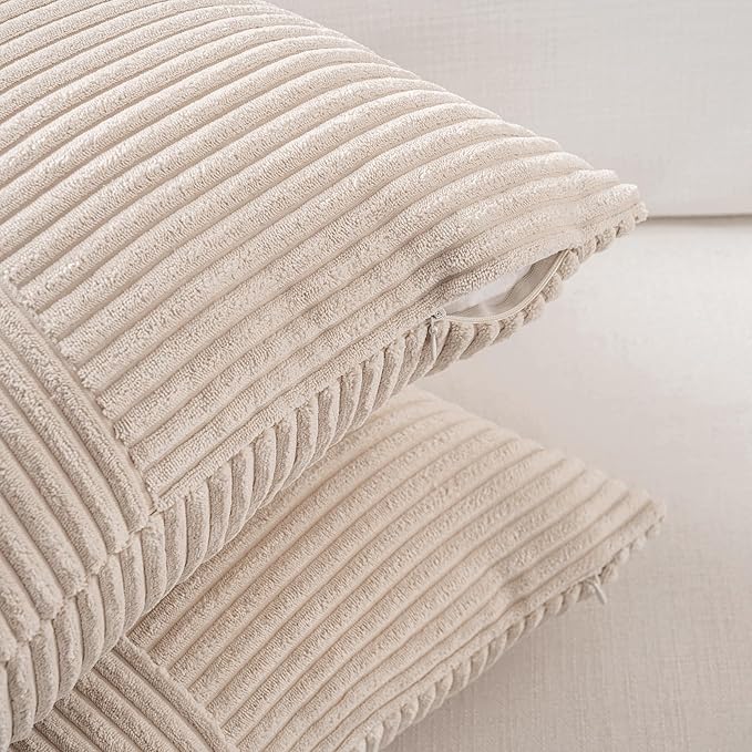 Fancy Homi 2 Packs Tan Samll Decorative Throw Pillow Covers 14x14 Inch with for Couch Bed Sofa, Rustic Farmhouse Boho Home Decor, Soft Corss Patchwork Corduroy Square Beige Cushion Case 35x35 cm