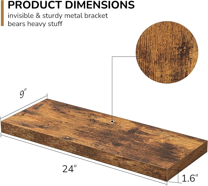 Floating Shelves - 2 Pack 9 Inch Rustic Wooden Wall Shelves - Extra Deeper & Thicker Wall Mounted Storage Shelf for Living Room, Kitchen, Farmhouse - 24" W x 9" D x 1.6" H - Rustic Brown