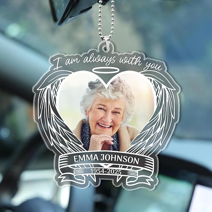 2025 Personalized Memorial Acrylic Car Hanging Ornament - Christmas, Birthday, for Loss of Loved One - Custom Photo in Loving Memory Angel Wings Heart Keepsake Decoration
